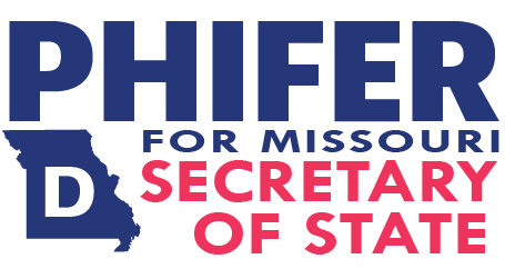 Blue and Red Logo "Phifer for Missouri Secretary of State" with the shape of Missouri with the letter "D" on it.
